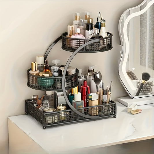 No-Installation 3-Tier Metal Cosmetic Organizer – Spiral Design Vanity Shelf, Lightweight & Space-Saving