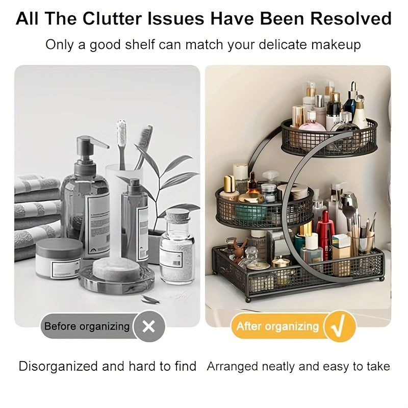 No-Installation 3-Tier Metal Cosmetic Organizer – Spiral Design Vanity Shelf, Lightweight & Space-Saving