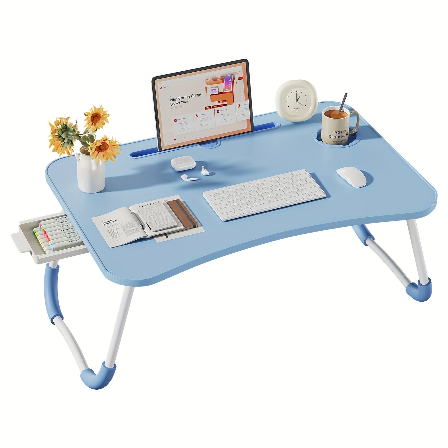 Portable Foldable Laptop Bed Desk Table Tray – With Cup Holder & Storage Drawer | Portable Work, Study & Snack Tray
