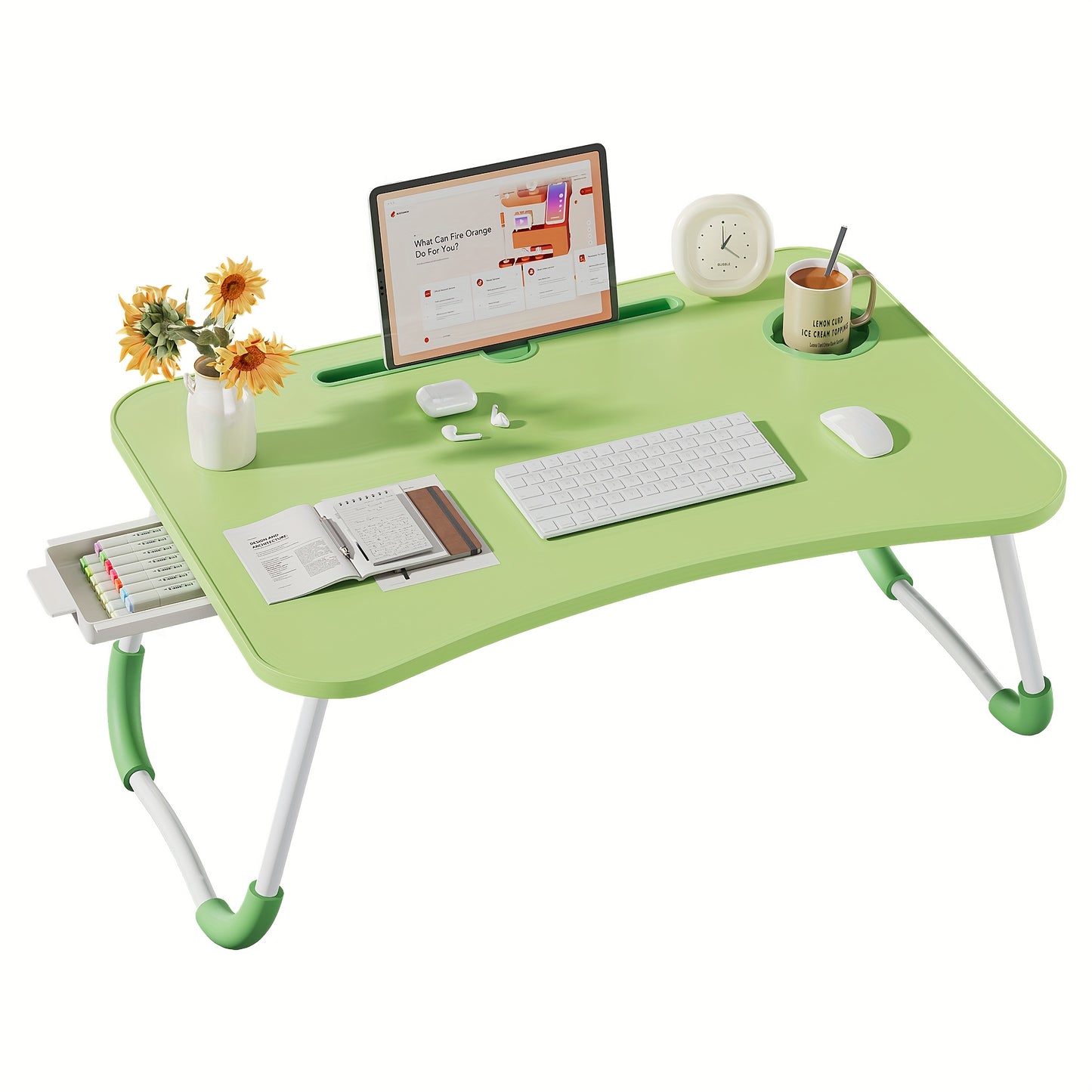 Portable Foldable Laptop Bed Desk Table Tray – With Cup Holder & Storage Drawer | Portable Work, Study & Snack Tray