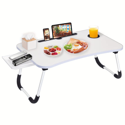 Portable Foldable Laptop Bed Desk Table Tray – With Cup Holder & Storage Drawer | Portable Work, Study & Snack Tray