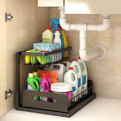 Sliding Pull-Out Kitchen Storage Rack – Under Sink Cabinet Organizer, Heavy-Duty Metal Drawer