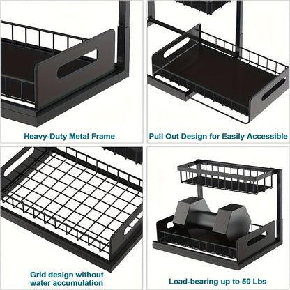 Sliding Pull-Out Kitchen Storage Rack – Under Sink Cabinet Organizer, Heavy-Duty Metal Drawer