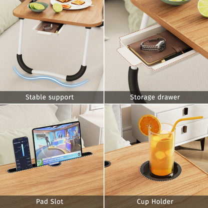 Portable Foldable Laptop Bed Desk Table Tray – With Cup Holder & Storage Drawer | Portable Work, Study & Snack Tray