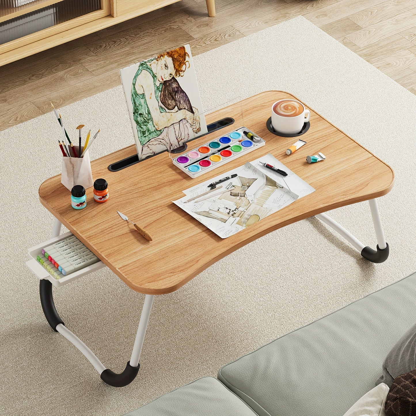 Portable Foldable Laptop Bed Desk Table Tray – With Cup Holder & Storage Drawer | Portable Work, Study & Snack Tray