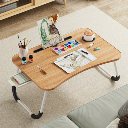 Portable Foldable Laptop Bed Desk Table Tray – With Cup Holder & Storage Drawer | Portable Work, Study & Snack Tray