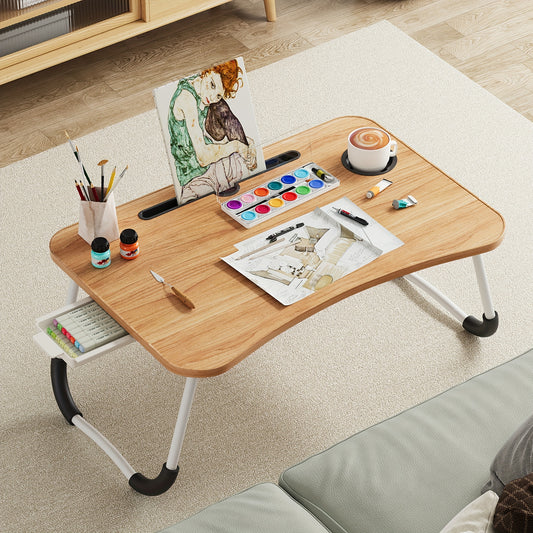 Portable Foldable Laptop Bed Desk Table Tray – With Cup Holder & Storage Drawer | Portable Work, Study & Snack Tray